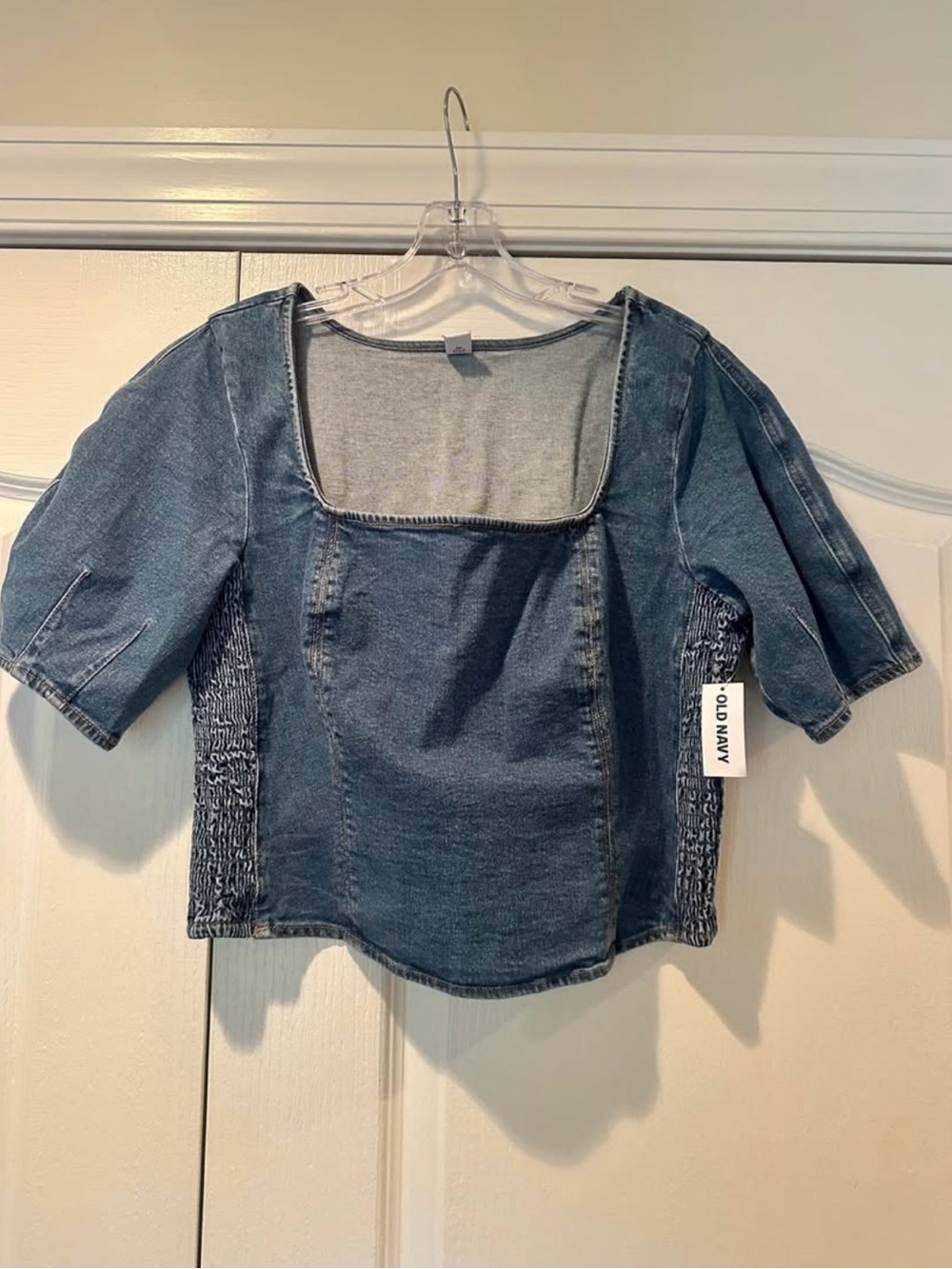 Old Navy Dark Blue Denim Square-Neck Smocked Side Top
